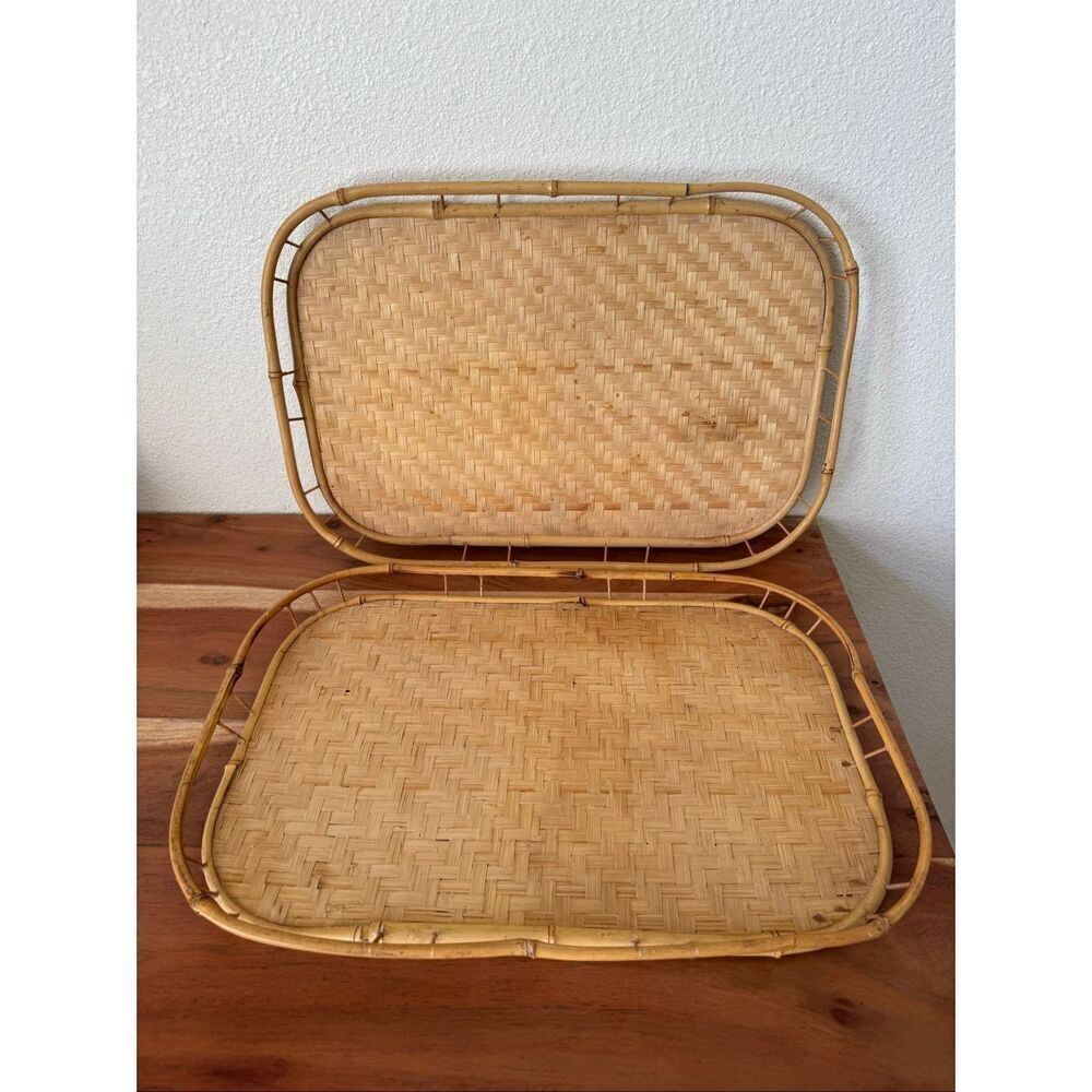 Rattan wicker bamboo vintage serving  tray set of 2 wooden woven  island tropica